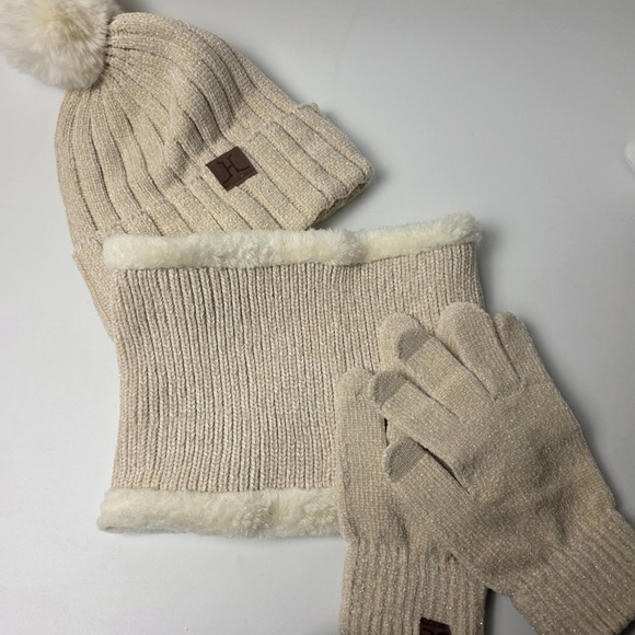 NEW Rayli Winter Beanie with Pom-Pom, Neckwarmer & Glove Set Beige #0694 - Picture 7 of 7